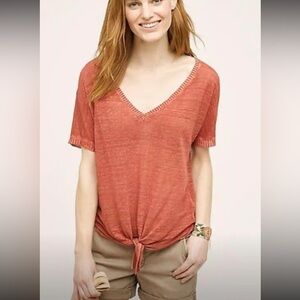 Cloth & Stone by Anthropologie Red Tie Linen Short Sleeve Shirt